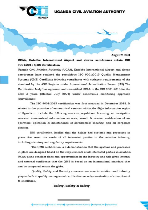 TheSecondOpini1's tweet photo. UCAA &amp; Entebbe Airport Retain ISO 9001:2015 QMS Certification...https://t.co/qGihyFtum1 https://t.co/h3aWg4GpJ6