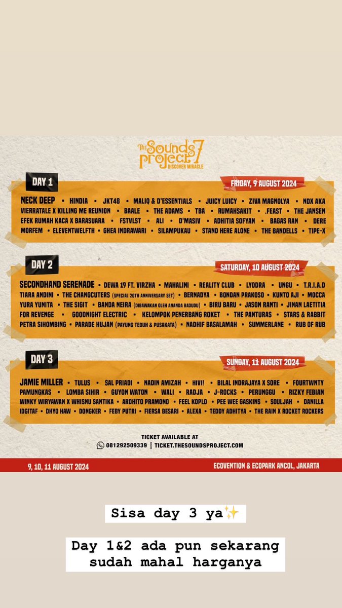 The sounds project.
Ada day 3 harga 330.000
Day 1&amp;2 habis namun jika ada rekanku jual mahal ya tapi kalau minat bisa dm instagram <a href="/kurniaindahs/">Kur</a>