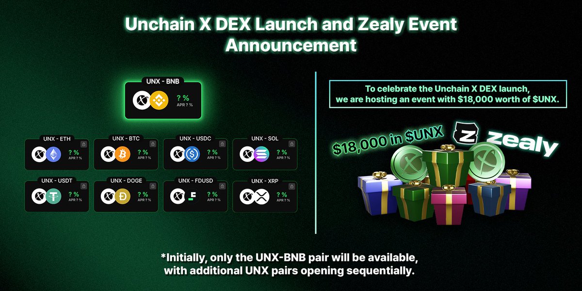 🔥 Airdrop: Unchain X (UNX)
🎁 Prize Pool: $18,000 in UNX
👥 Referral: N/A
🏆 Winners: 45 Random 

🔗 Airdrop Link: zealy.io/cw/unchainx/qu…