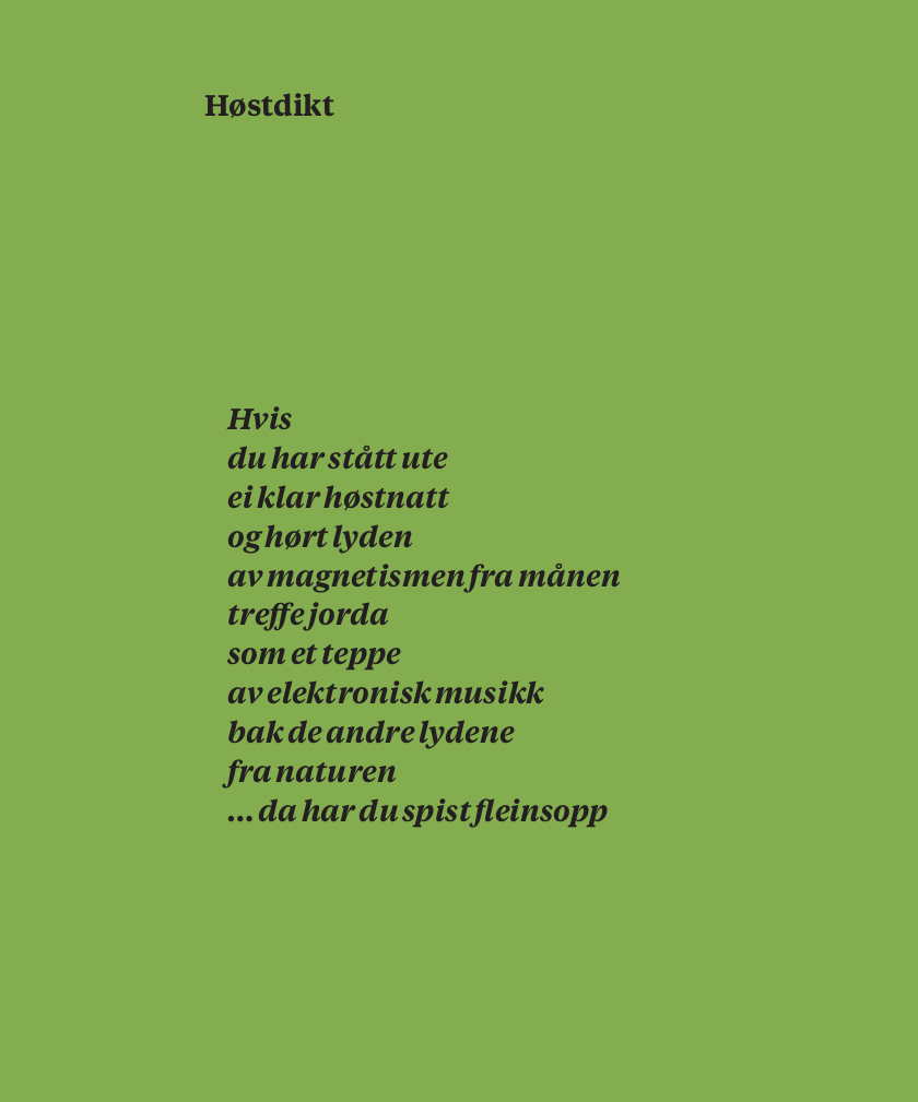 SpissFleinsopp's tweet image. Høsten er ikke her helt enda (heldigvis), men siden fleinsoppsesongen allerede så vidt er i gang tillater jeg meg å hente frem Høstdiktet allerede nå.

Tusen takk til dikteren, Bjørn Venstad, som har gitt tillatelse til å trykke diktet i boken om Spiss fleinsopp.
#fleinsopp #sopp