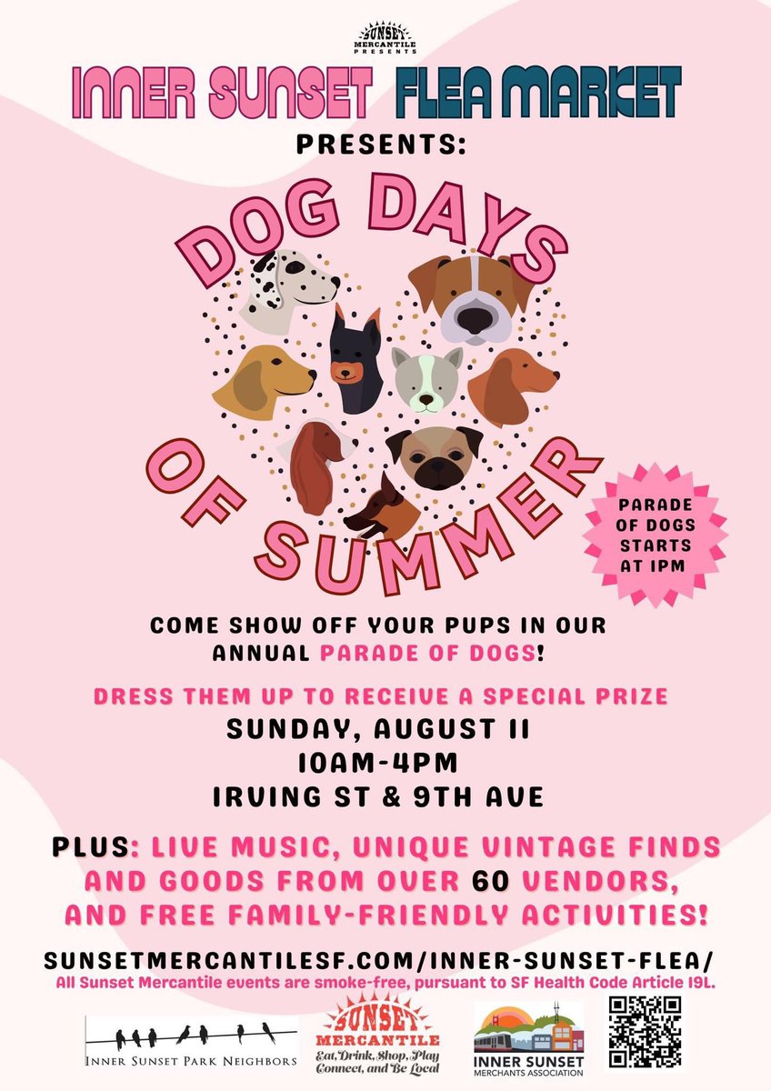 joebobjustice's tweet photo. 🐶🐾🐕🐾🐩🐾🐕‍🦺🐾🦮🐾🐶

#InnerSunsetFleaMarket 
#DogDaysOfSummer 
#ParadeOfDogs 
#CostumeContest 
#ShopLocal 
#LiveMusic 
#FamilyFun 
#ExploreLocal 
#InnerSunsetSundays
#SanFranciscoEvents
#InnerSunset
#InnerSunsetParkNeighbors
#SunsetMercantile ￼ https://t.co/abEQim4lLk
