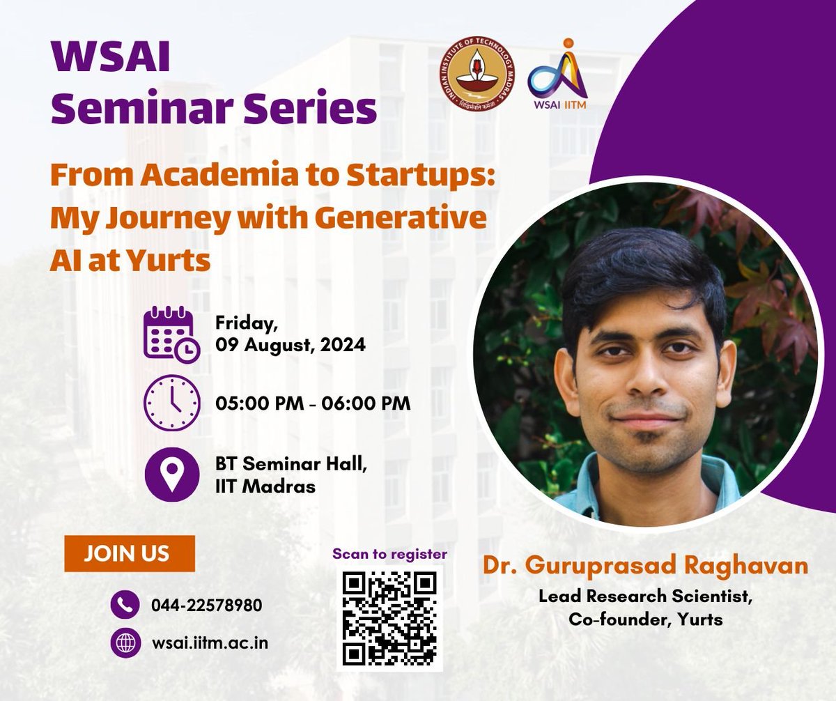 Been a while since I've posted, but this calls for one.

Excited to be going back to my alma mater (<a href="/iitmadras/">IIT Madras</a>) to share what we've been upto at @yurtsai . Thank you for hosting me Prof <a href="/karthikraman/">Karthik Raman</a>! 

If y'all are in the area, i.e. around Chennai/IITM, please come by!