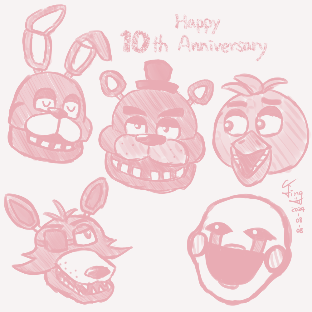 CKJing_'s tweet photo. Happy 10th Anniversary of FNAF! 🐰🐻🐥🦊🎭🟡🐻
#FNAF10thAnniversary #FNAF #FiveNightsAtFreddys #Fanart https://t.co/YksTjTox9z