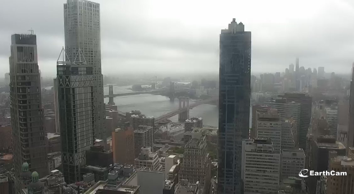 Views of Lower Manhattan &amp; Brooklyn Bridge — don’t go outside if you don’t have to be outside. There’s a Travel Advisory &amp; a Wind Advisory, and to our neighbors just to our west in NJ, a Tornado Watch. So far, highest unofficial observed wind is 43mph wind in Queens. <a href="/EarthCam/">EarthCam</a>