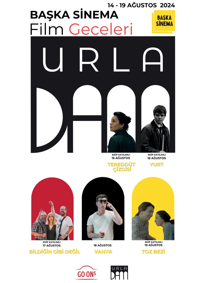 #BaşkaSinema Urla Film Geceleri
<a href="/URLADAM_Kultur/">Urladam Kultur</a>
#goons 14-19 Ağustos İzmir Urla <a href="/ErcanKesal/">ErcanKesal</a>