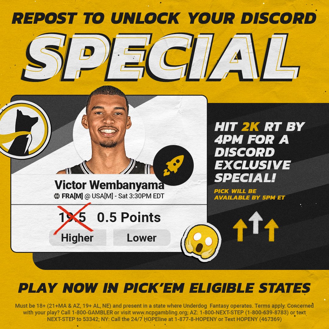 If this post totals 2,000 Reposts, our Discord will unlock a Victor Wembanyama Special 🙌

To qualify for the promo, join our Discord and sign up on the sign-in sheet before 11:59pm ET tonight!

👾 discord.gg/underdog