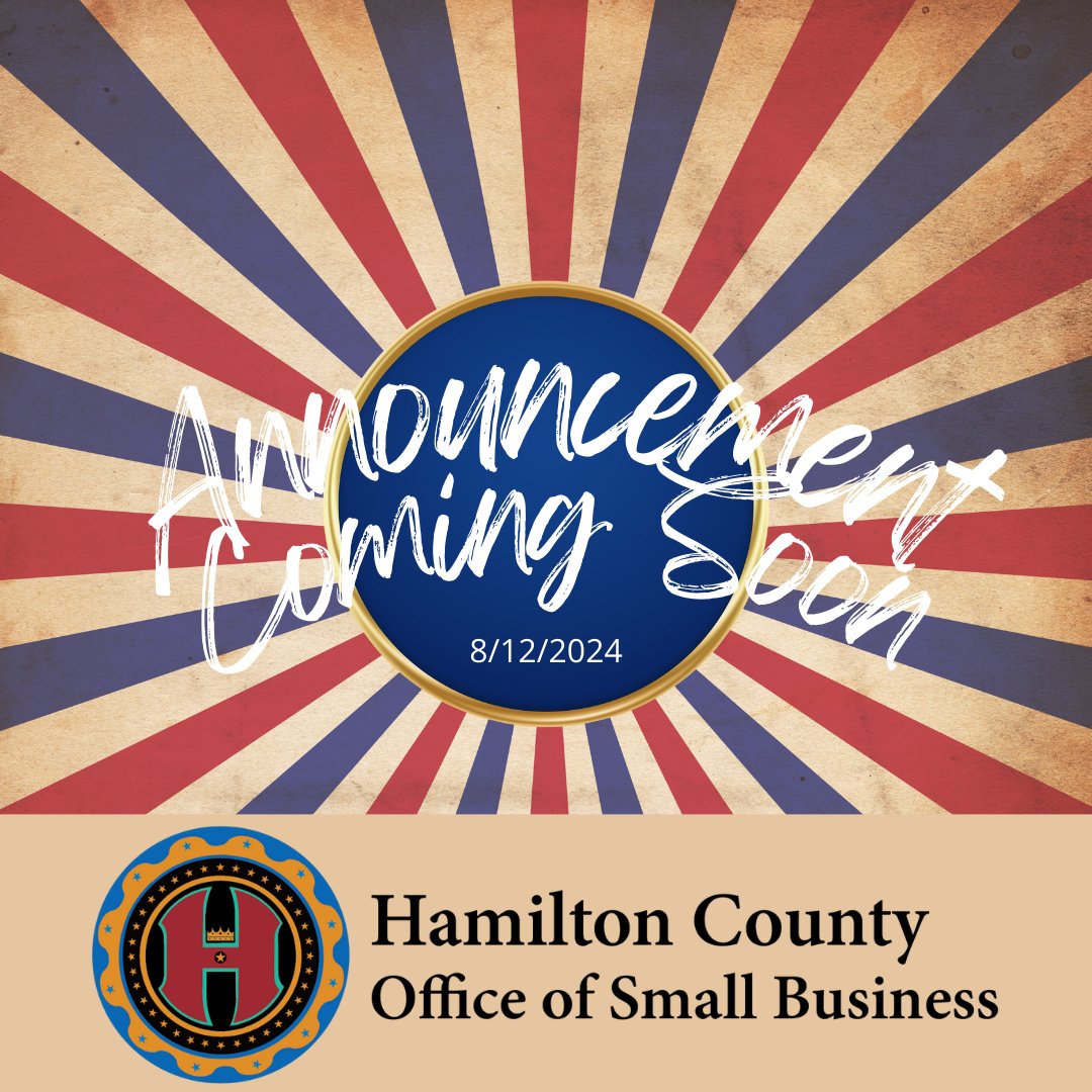 Small Businesses in Hamilton County -stay tuned for an announcement coming on Monday. Partners on this initiative include: <a href="/HamiltonCntyOH/">Hamilton County, OH</a> , <a href="/AlloyDevCo/">AlloyDevCo</a>  <a href="/weareMORTAR/">MORTAR HQ 🧱 Equitable Entrepreneurial Ecosystems</a>, <a href="/cincyaachamber/">CincyAAChamber</a>  and <a href="/MainStCincy/">Main Street Ventures</a> 
#SmallBusiness