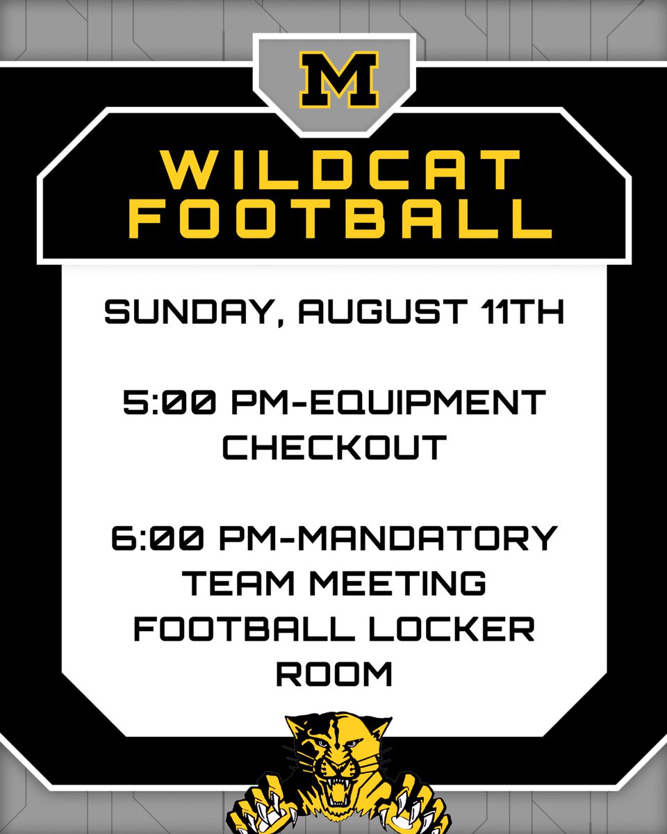 Reminder: 9th-12th Football

Sunday, August 11th

5:00PM - Finalize Equipment Checkout
 
6:00PM - Mandatory Team Meeting