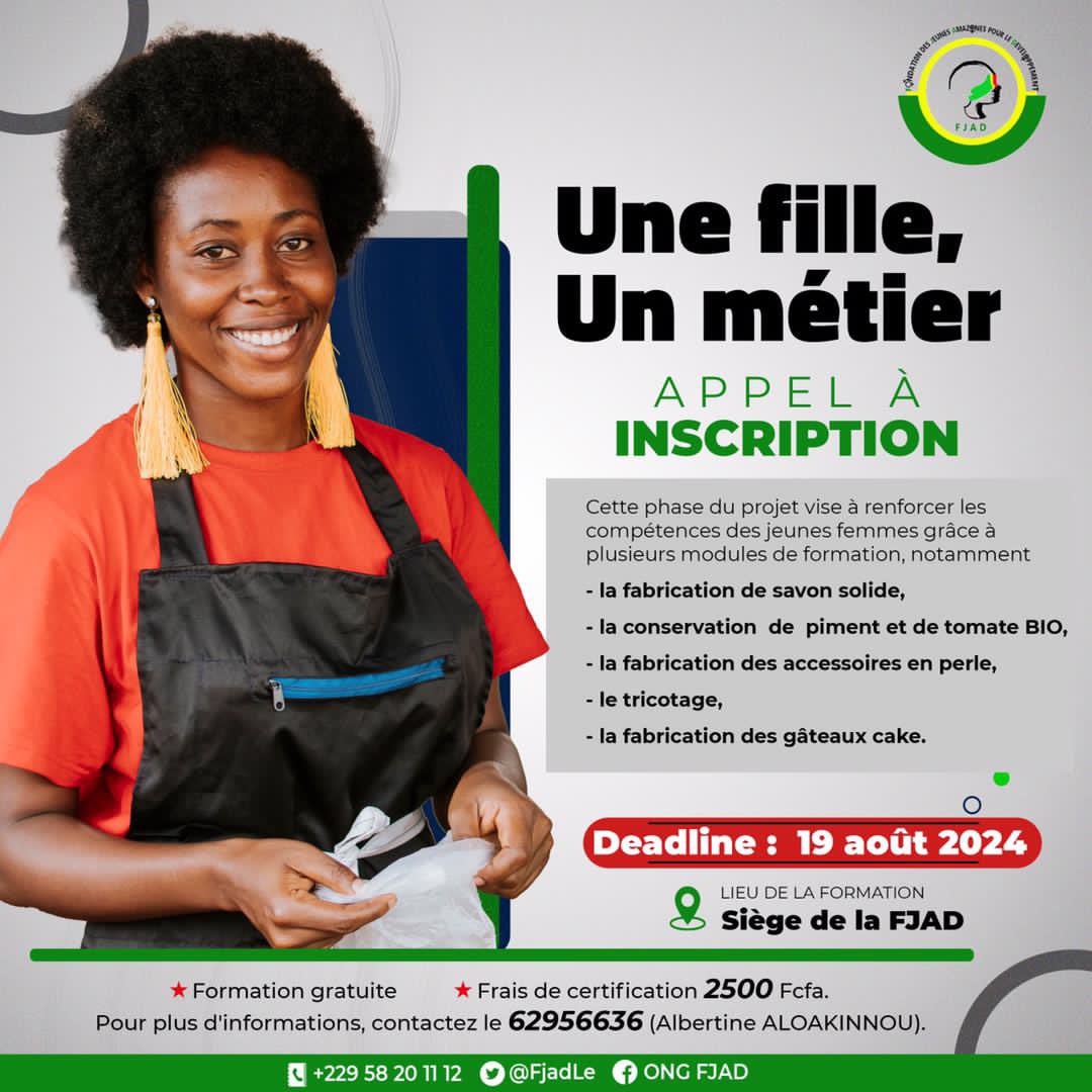 🟢𝗨𝗻𝗲 𝗳𝗶𝗹𝗹𝗲, 𝗨𝗻 𝗺é𝘁𝗶𝗲r🟢

📢📢 Appel à inscription 

📣 Parakou,
L'une des missions de la FJAD est de contribuer à l'autonomisation des filles et des femmes. Dans cette optique, le projet "Une fille, un métier" a été lancé pour former les jeunes filles à des AGR.