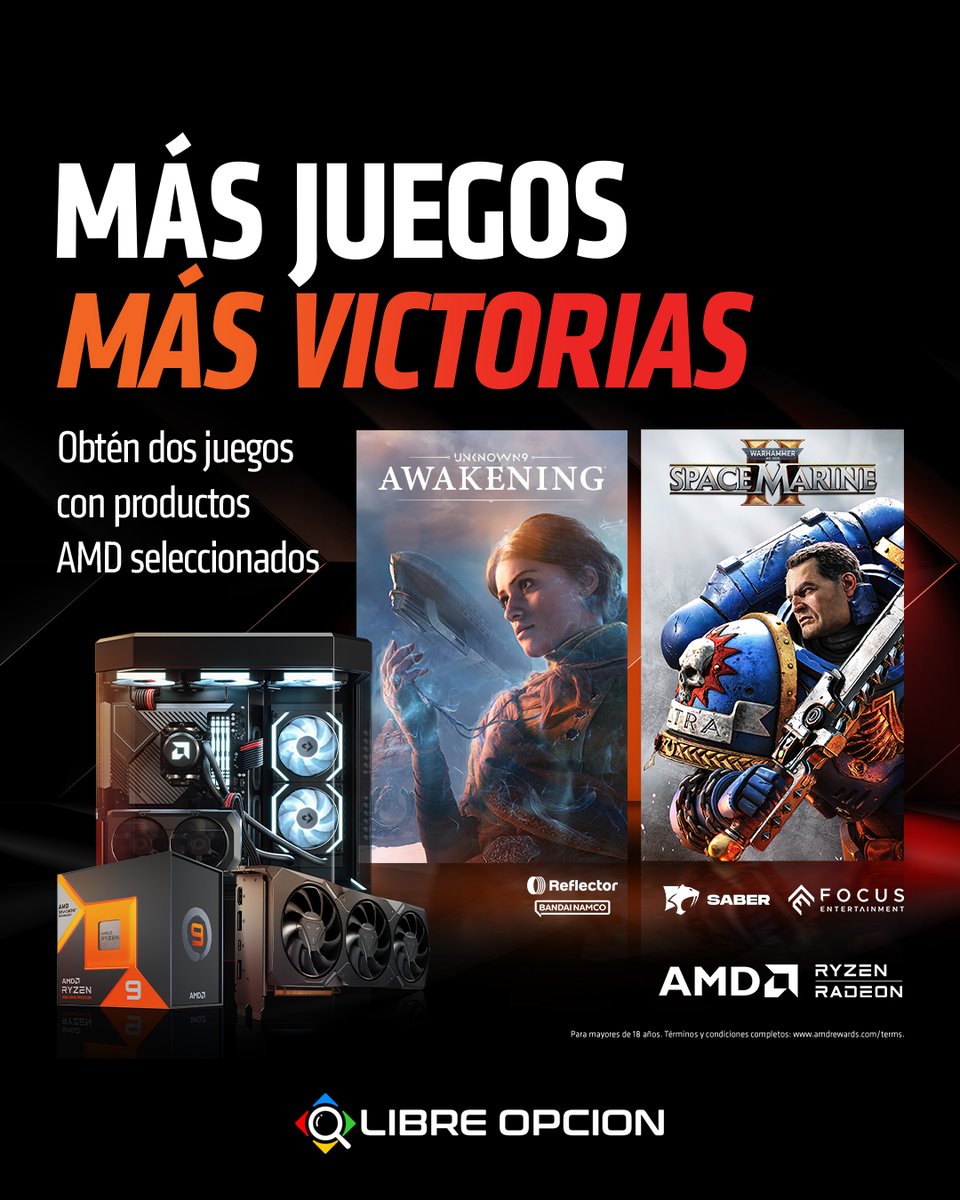 ¡Hay una nueva promo de AMD! 

Con la compra de Procesadores AMD Ryzen o AMD Radeon Serie 7000, Obtené dos juegos de Regalo: 

WARHAMMER 40,000™: SPACE MARINE 2™
UNKNOWN 9: AWAKENING™

Enterate más info ingresando al siguiente link:
libreopcion.com/amd/promo

#PCGamer #AMD