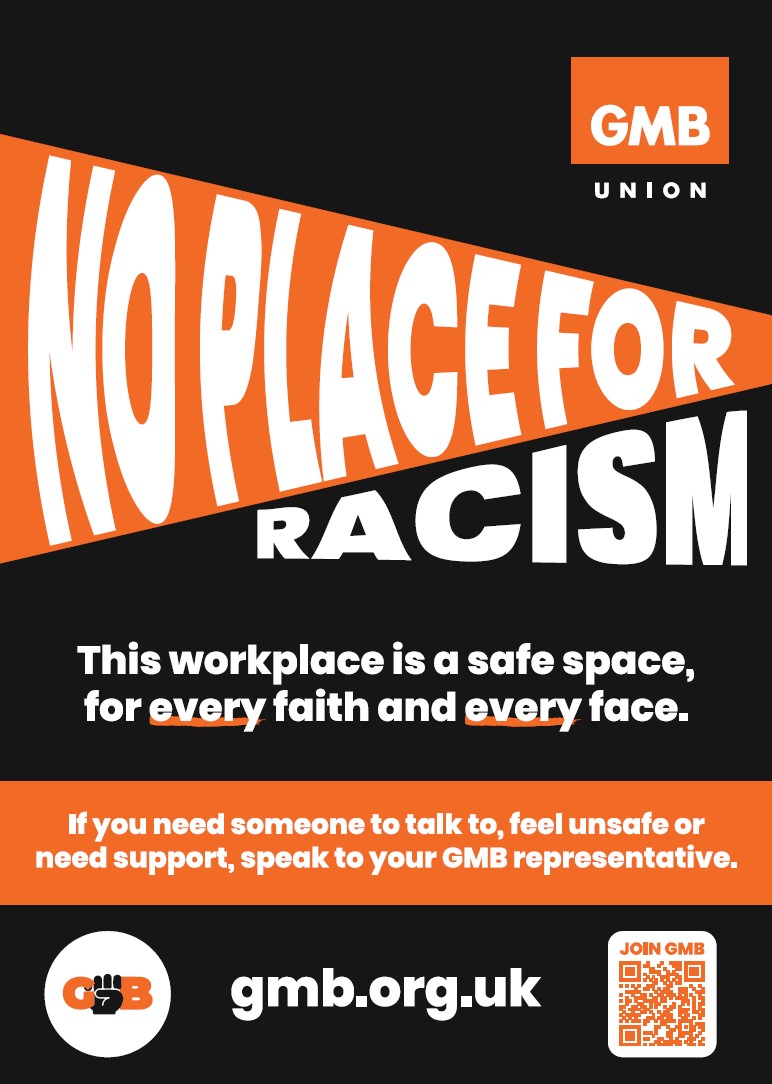 Wherever <a href="/GMB_union/">GMB Union</a> organises, in every workplace - there must be no place for racism

We've circulated a new No Place For Racism toolkit to reps. Drop us a line if you haven't received it yet

For every faith and every face - trade unionists unite against racism ✊🏾✊🏻✊🏿