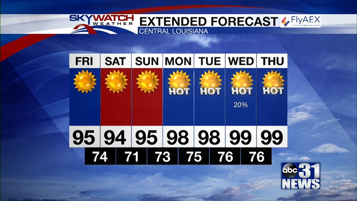 Today - Sunny, with a high near 95. Heat index values as high as 99. North wind 5 to 10 mph.
Tonight - Clear, with a low around 73. North wind around 5 mph.