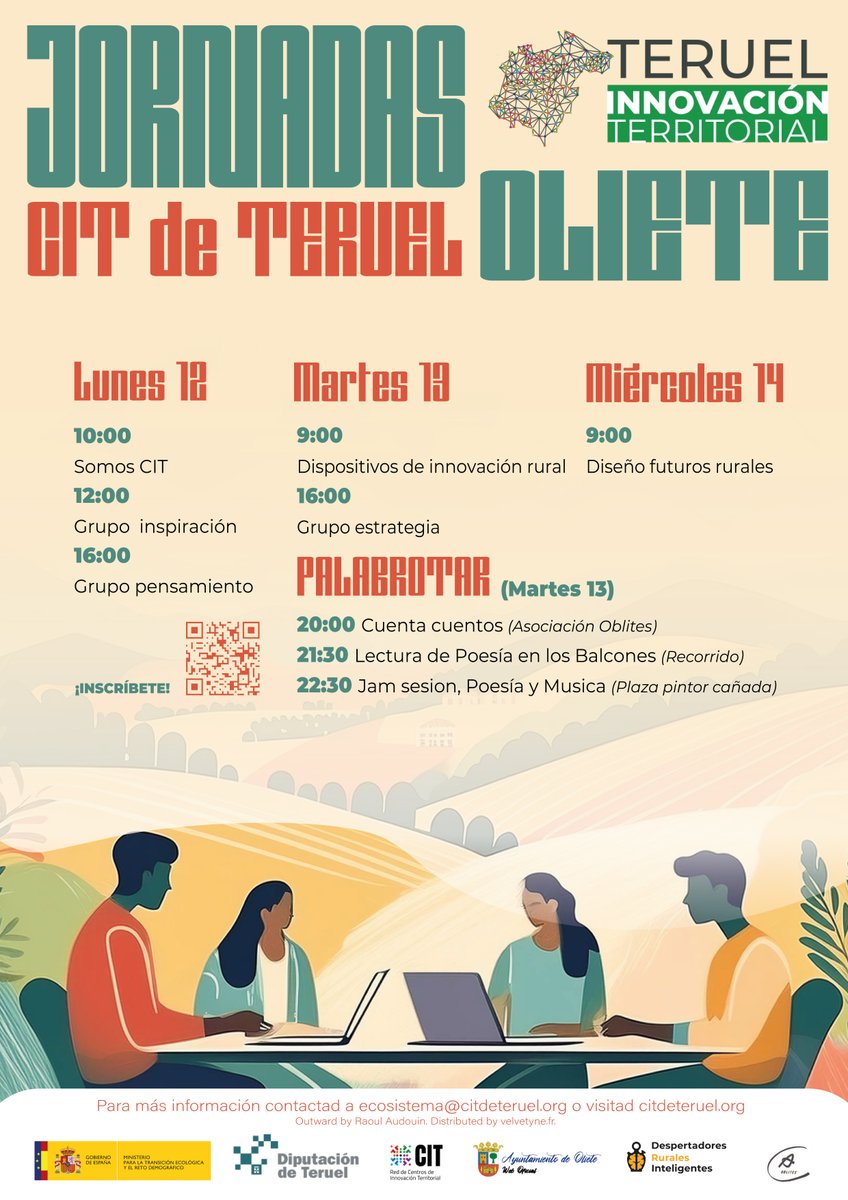🗓️Ven a conocernos del 12 al 14 de agosto. Oliete acoge las Primeras Jornadas de Innovación Rural del CIT Teruel.   

🚀¡Únete a revitalizar y transformar nuestra provincia en nuestros talleres y sesiones de co-creación compartiendo tus ideas! 💡

#CITdeTeruel