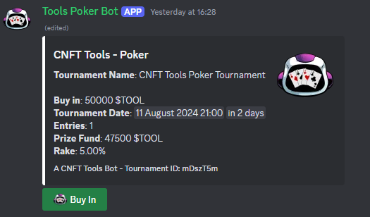 CnftTools's tweet image. The new #CNFTTOOLS Poker bot is making its debut on our Discord today. 

We are running our first $TOOL Tournament with it on Sunday at 8PM UTC

🧵👇