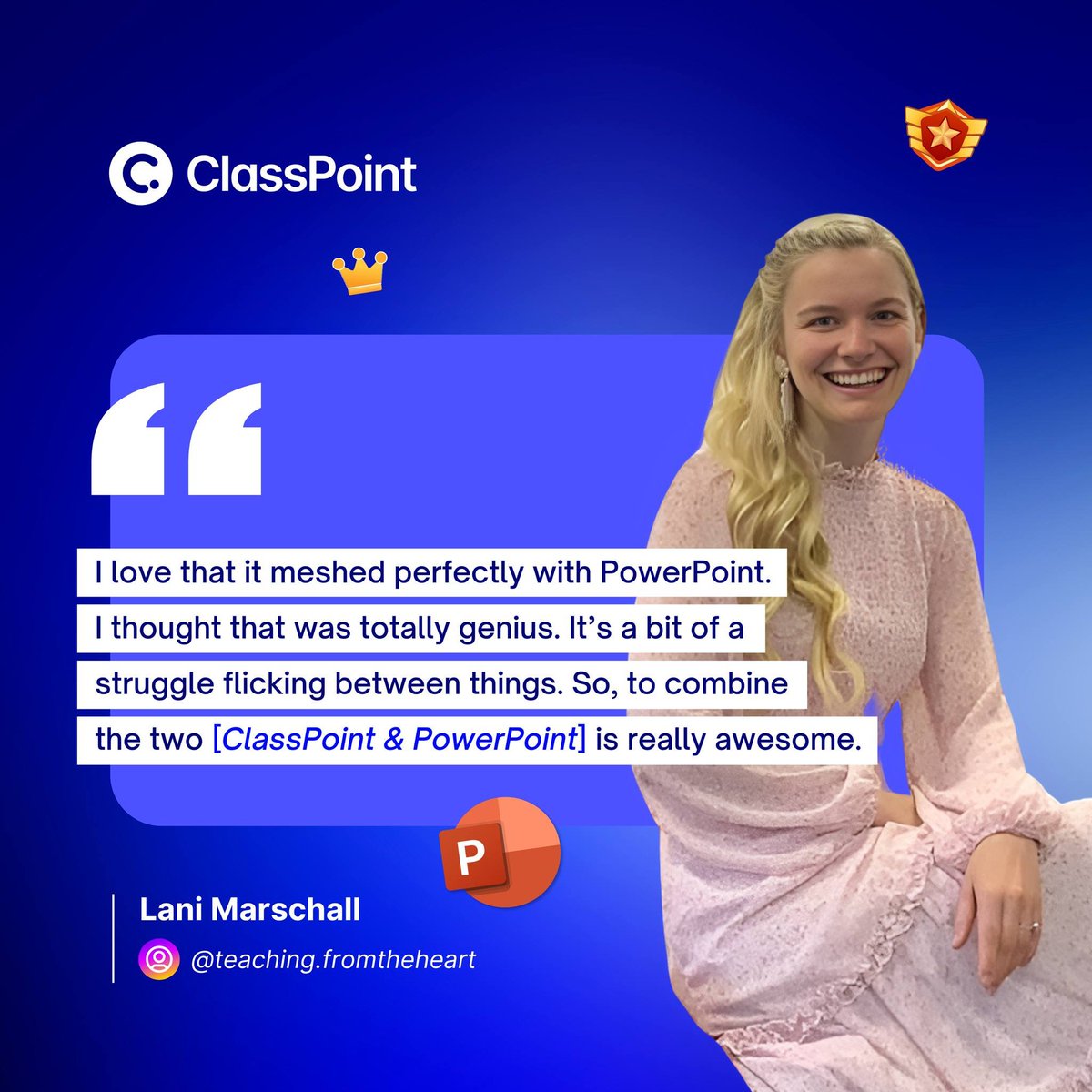 ClassPointIo's tweet image. ClassPoint is putting the power in PowerPoint, literally! ⚡️ 

And #teachers just can&apos;t get enough! Here&apos;s what Lani has to say. ✨ #edchat #edutwitter