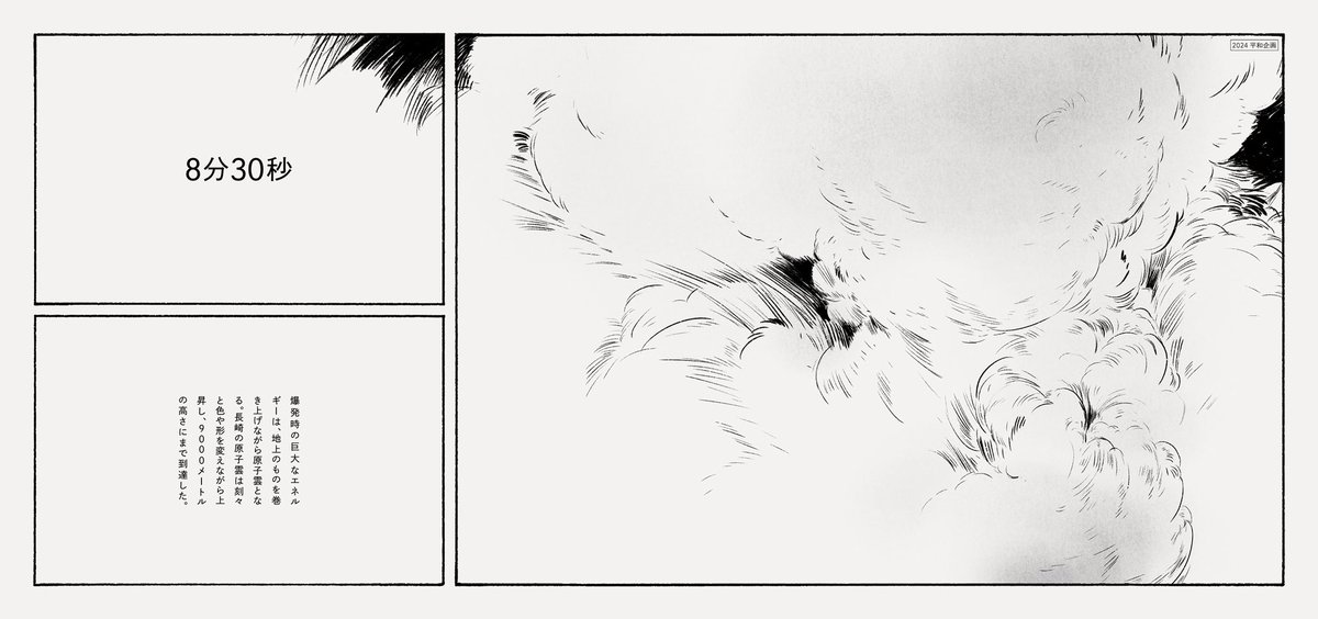 イラストを担当させていただきました。「3秒」の閃光に始まり、10秒、8分30秒、１時間、13時間、1ヶ月、10年、79年と、新聞をめくると時間が進みます。