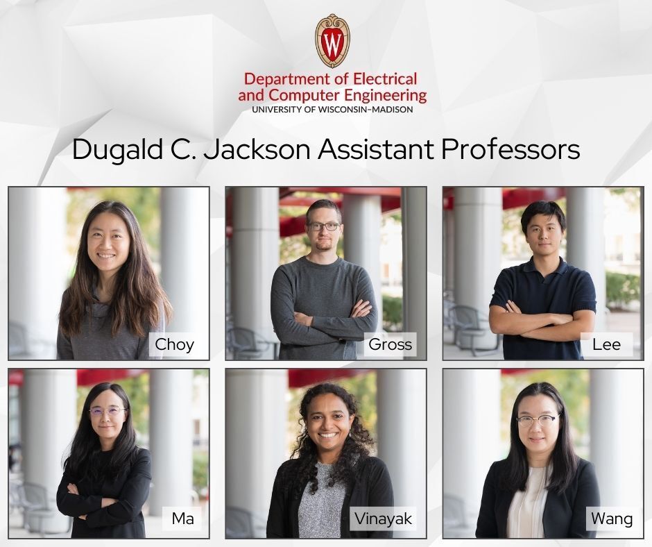 Six ECE faculty have received inaugural Dugald C. Jackson Assistant Professorships, named after the first-ever professor in electrical engineering at UW–Madison.

Dugald C. Jackson Asst. Profs.: Jennifer Choy, Dominic Gross, Kangwook Lee, Chu Ma, Ramya Korlakai Vinayak, Ying Wang