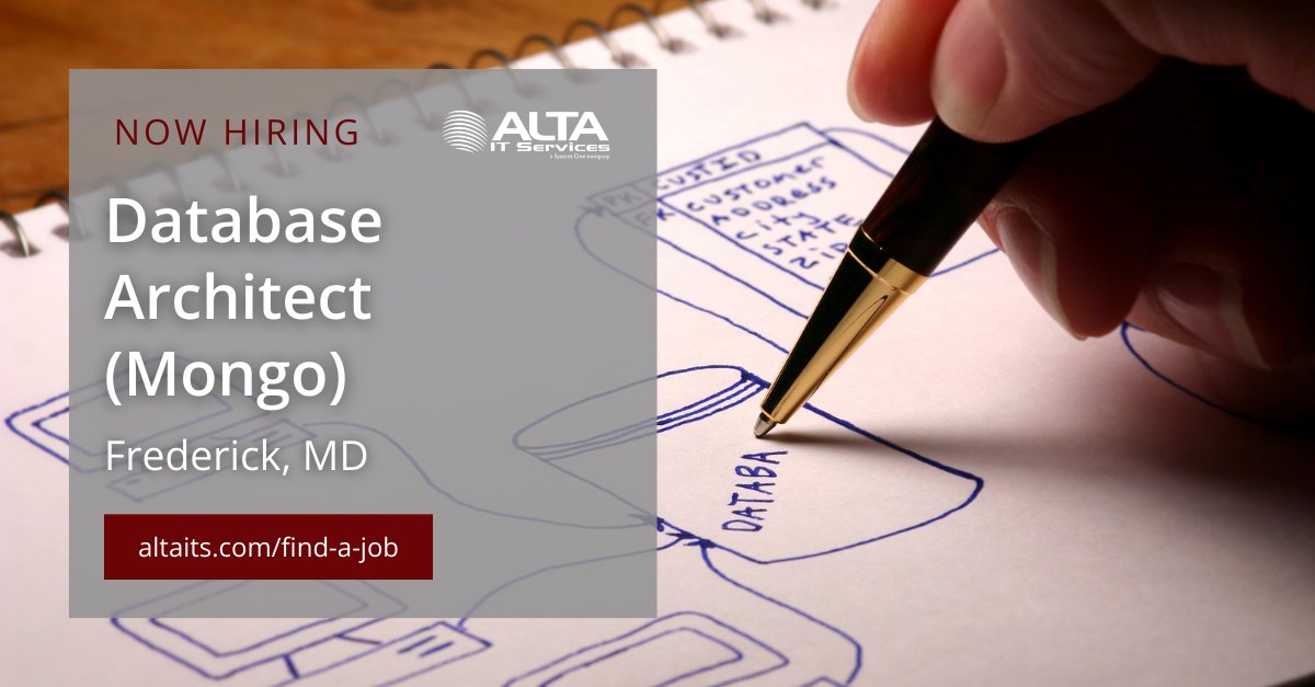 altaitservices's tweet image. ALTA IT Services is #hiring a Database Architect (Mongo) for work in Frederick, MD. 
Learn more and apply today: jobs.systemone.com/job/database-a…
#ALTAIT #DatabaseArchitect #MongoDB #PostgreSQL #FrederickMD