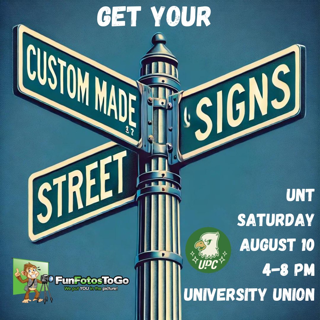 ToGoEvents's tweet photo. 🎉 Hey UNT Students! 🎉

Join us at the University Union this Saturday, Aug 10, from 4-8 PM! Get your own custom-made street sign to style your room! 🏷️✨

Supplies are limited, so come early! Plus, don’t miss the Game Show Medley at 7 PM! 🎯

#UNT #CollegeEntertainment https://t.co/OZVFK2Qil2