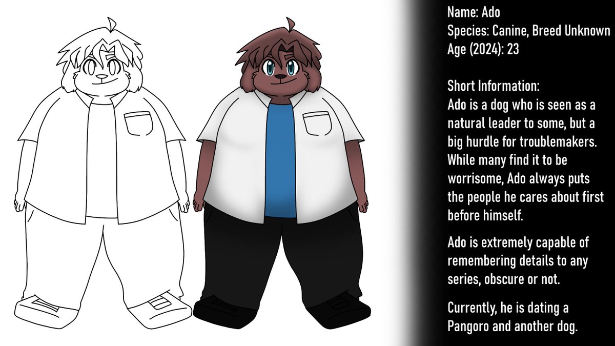 ad_adopuro's tweet photo. finally updated my design and bio for Ado, my sona!

last design Ado had, he was a bit slim to be close to how my body really looks.
now that my art has gotten better, hopefully this should look to be a noticeable upgrade. https://t.co/bVI9drl2uy