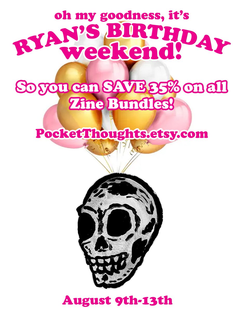 It's my birthday weekend, and that means you get to save 35% on all zine bundle packs at PocketThoughts.etsy.com 
(Yes, even on the big one full of everything)
Until August 13th

Thank you all for the continued love and support of my work.

#zines #art #birthday