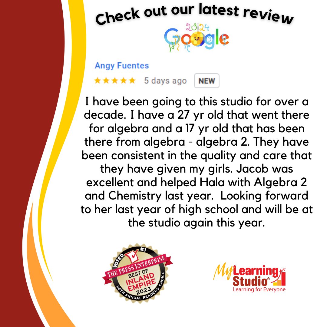 My_Learn_Studio's tweet image. Our tutors make learning a great experience! 
Take a look at our newest Google review! 😁
Learn more about our award-winning tutoring at MyLearningStudio.com
17086 Van Buren Blvd., Riverside, CA 92504
(951) 789-5402