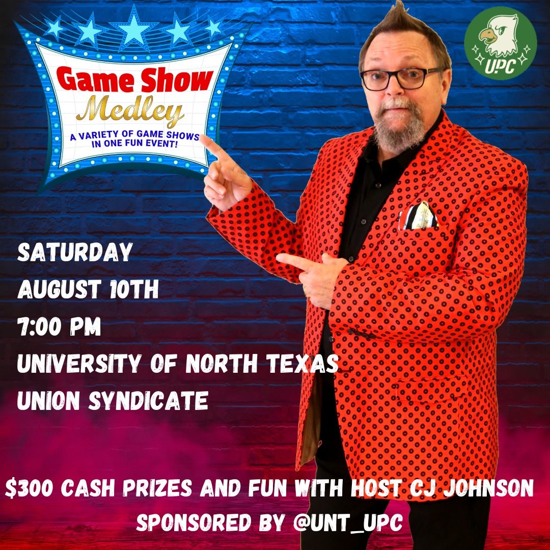 GameShowsToGo's tweet photo. 🎉 Hey UNT! Join us at the Union Syndicate on Aug 10th for Game Show Medley at 7PM! 🕖 $300 in cash prizes up for grabs! 💰 Our team will also be making custom street signs from 4-8 PM! 🛑 Don’t miss out on the fun! @UNT_UPC https://t.co/S6rCZGL0Rv