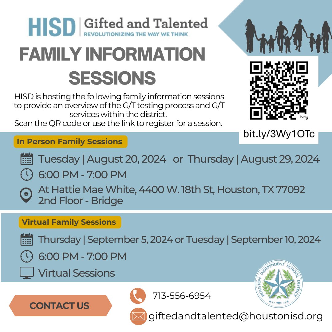 HISD Gifted and Talented (@houstonisd_gt) on Twitter photo HISD is hosting family information sessions for enrolled and zoned HISD families to provide an overview of the G/T testing process and services within the district. Scan the QR code or click bit.ly/3Wy1OTc to register for a session. HISD is hosting family information sessions for enrolled and zoned HISD families to provide an overview of the G/T testing process and services within the district. Scan the QR code or click bit.ly/3Wy1OTc to register for a session.