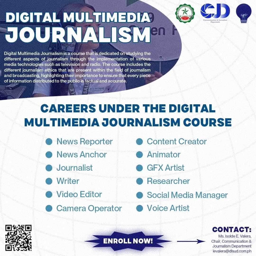 DLSUD_DMJPC's tweet photo. Follow your calling. Be a pioneer!

Here in DLSU-D, the DMJ program equips you with the necessary journalistic and technological skills, preparing you for a career that will serve the globe.

Join us and enroll now!

#HeartVoiceMind
#CJD2425 
#DMJPC2024 https://t.co/Tdq4d7kzIQ
