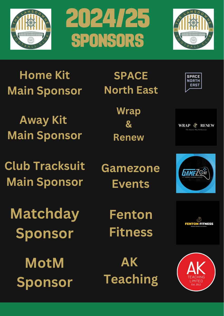 TheLansdowneFC's tweet photo. With the new season fast approaching this Sunday, the club would like to take the opportunity to say a massive thank you to our sposnsors for the upcoming 24/25 season! 

Without you all we couldn’t continue to do what we do!!

#UTL 💚 https://t.co/wKMrAKrpgy