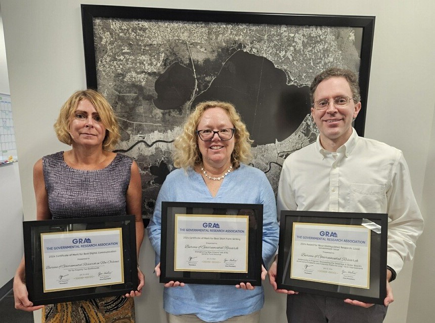 Our work on <a href="/SWBNewOrleans/">SWB New Orleans</a> governance, property taxes, and @CityofNOLA finances won three awards from BGR’s peers in the Governmental Research Association <a href="/TheGRA1914/">Governmental Research Association</a>. Pictured are BGR team members Susie Dudis, Rebecca Mowbray and Stephen Stuart. Expand this thread to learn more