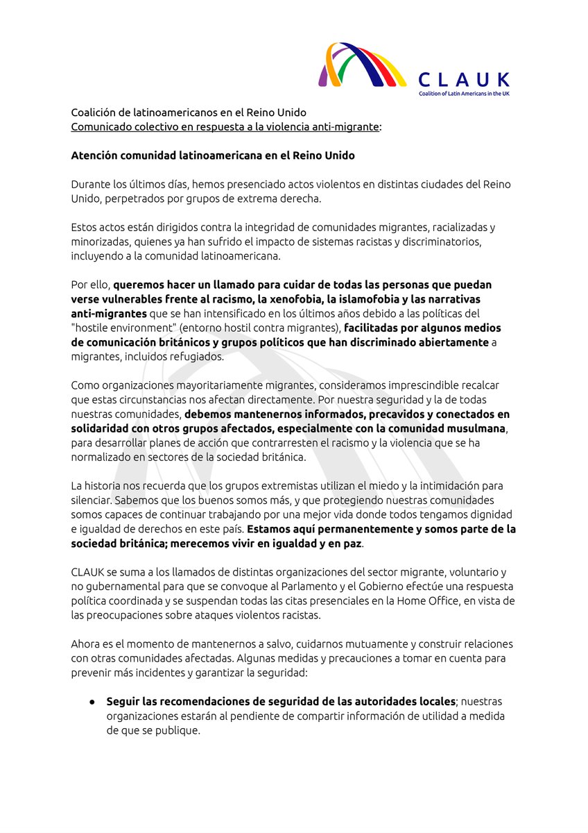 IRMOLondon's tweet photo. 📢 La Coalición de Latinoamericanos en el Reino Unido se opone a la violencia de extrema derecha que ha afectado a comunidades migrantes y racializadas. Mantengámonos informados, unidos y protegidos. Juntos, enfrentamos el odio con solidaridad y dignidad. ✊🏾 #NoAlRacismo https://t.co/8ZWwnG5Vvx