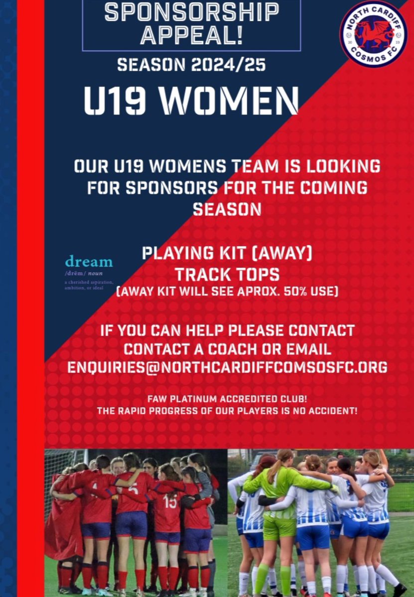 My daughter plays for this fab team, any sponsors - please see below <a href="/NorthCdfCosmos/">North Cardiff Cosmos Football Club</a>