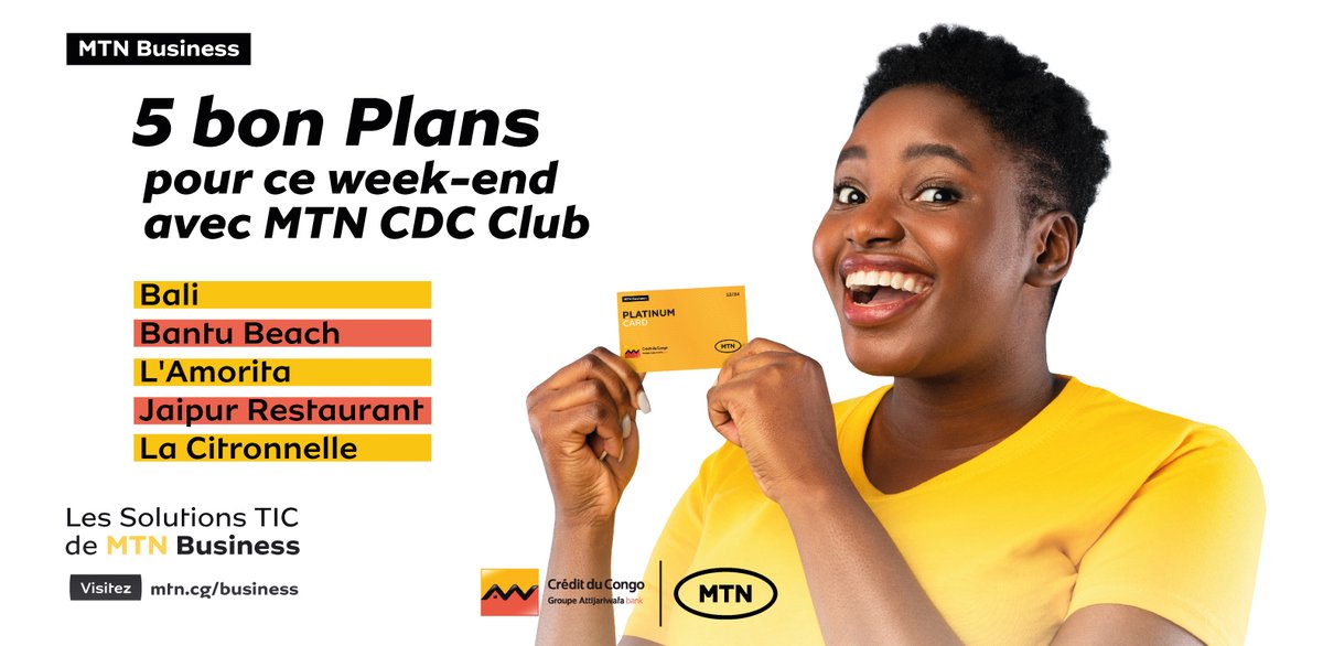 Découvrez 5 endroits pour vous détendre ce weekend et profiter des réductions avec votre carte de fidélité MTN CDC Club.

N'hésitez pas à nous contacter au 100 pour souscrire ou envoyez un e-mail à mtnbusiness.cg@mtn.com pour plus d'informations.

#AlorsOnFaitQuoiAujourdhui