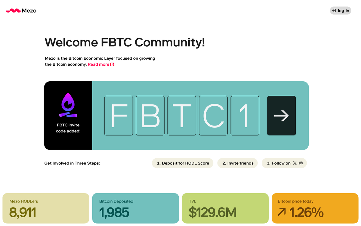 Users visiting the Mezo portal can deposit with the code "FBTC1" to earn Mezo mats.

Go to mezo.org/hodl-with/fbtc for the community code to be automatically applied.

But what exactly is FBTC? 🤔⬇️