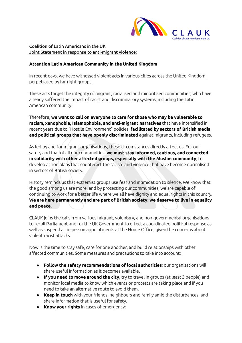IRMOLondon's tweet photo. 📢 The Coalition of Latin Americans in the UK stands against the recent far-right violence targeting migrant and racialised communities. Let’s stay informed, united, and protect one another. Together, we fight hate with solidarity, dignity, and peace. ✊🏾 #NoToRacism https://t.co/knV8RaGEOm