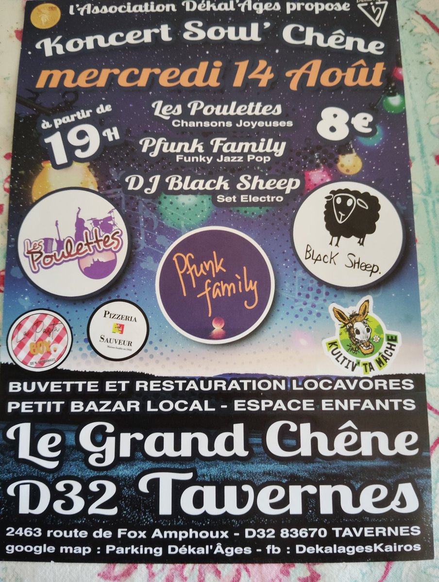 dodopoulette's tweet photo. Oyez everybody ! Un super concert des Poulettes mercredi veille du 15 août ! Et un groupe funk et un DJ au top ! Viens ! #concerts #lespoulettes https://t.co/rlBXQuS2Ga