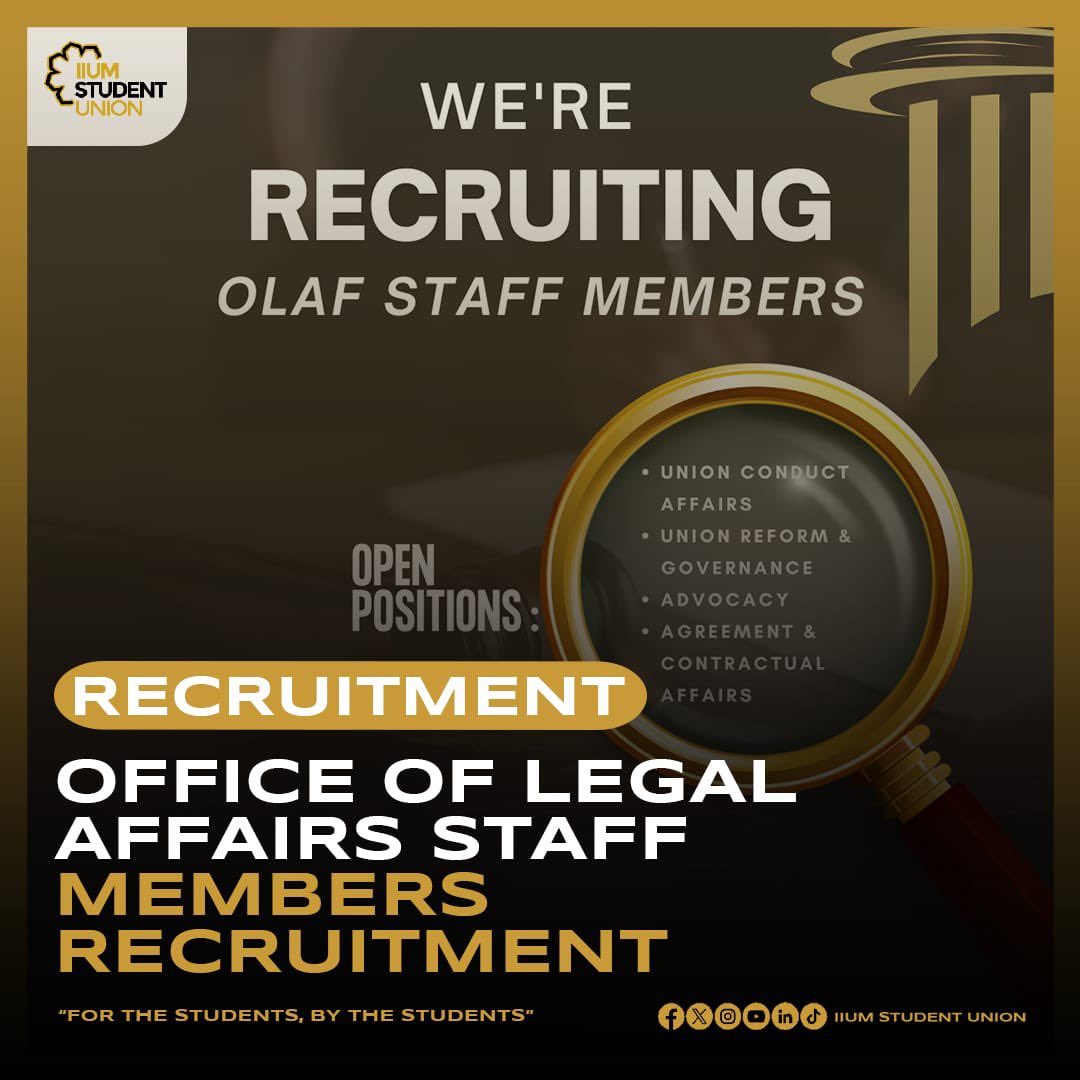 [𝐎𝐋𝐀𝐅 𝐒𝐓𝐀𝐅𝐅 𝐌𝐄𝐌𝐁𝐄𝐑𝐒 𝐑𝐄𝐂𝐑𝐔𝐈𝐓𝐌𝐄𝐍𝐓]

Assalamualaikum &amp; Hello Everyone!

Are you ready to put your legal knowledge into action? Do you have a passion for championing the rights of IIUM students? If the answer is yes, let’s be part of our team!