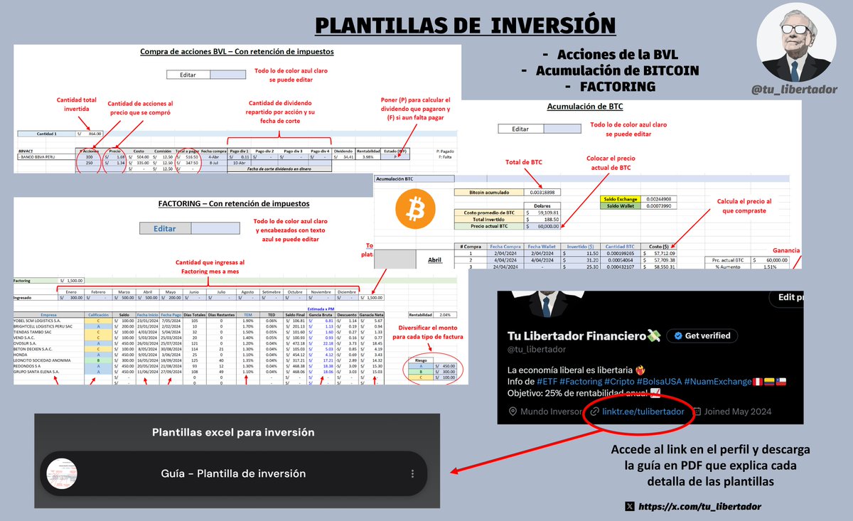 ATENCIÓN COMUNIDAD!! Plantillas de inversión gratis de acciones BVL, Bitcoin y Factoring. Para entender las plantillas, pueden descargar la guía en link del perfil. Personalmente, se entregarán las plantillas a cada persona que siga la cuenta y dé RT (repost) a esta publicación💰