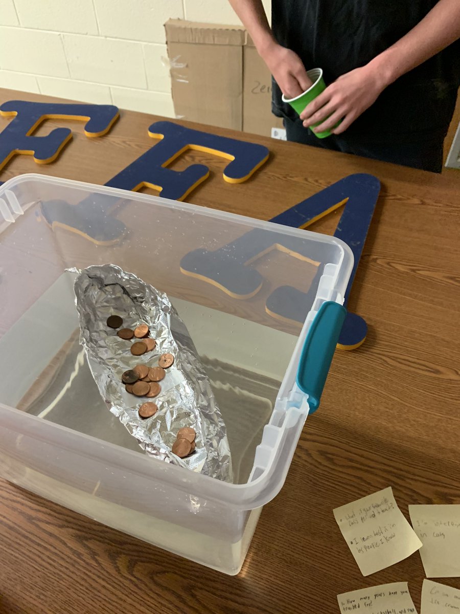 LifeSkillsPHS's tweet photo. Today was our first day of going into a general education class.  We are going into an Ag class. Today we made foil boats to see if they would hold 50 pennies. All 3 of ours stayed afloat!  #PantherPride https://t.co/w3Jk3g3AgB
