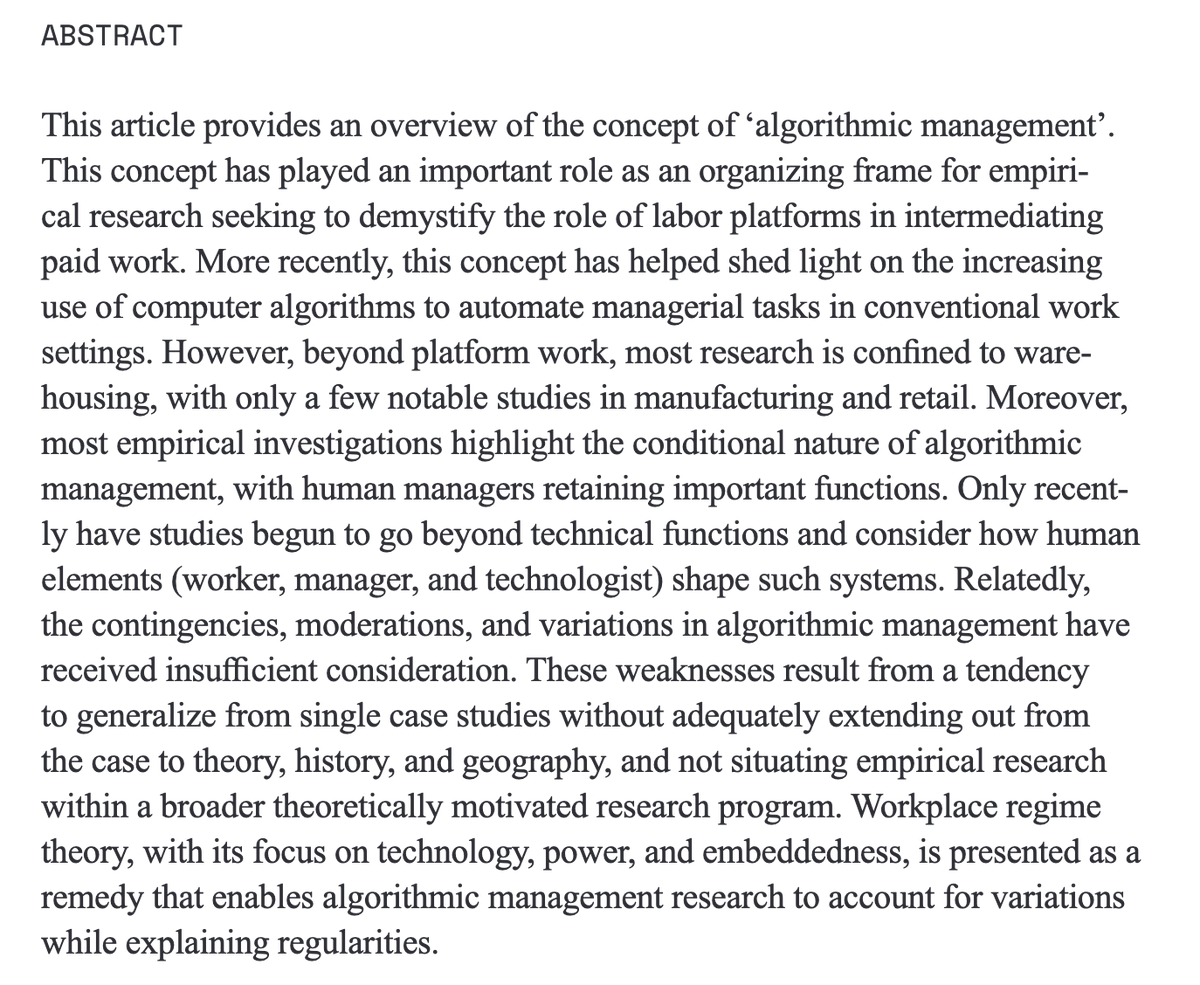 Algorithmic management research has been invaluable for demystify labor platforms &amp; automation but needs situating within Workplace Regime Theory 

New article 'Algorithmic Management: From Technology to Politics and Theory' for <a href="/WZB_Berlin/">WZB</a>
ojs.weizenbaum-institut.de/index.php/wjds…