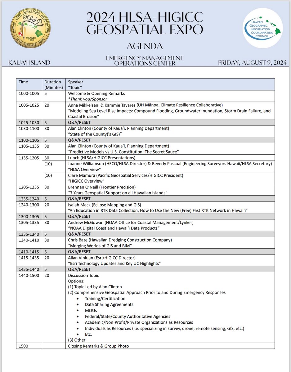 HLSA-HIGICC Geospatial Expo on Kauaʻi Island today! Expo is at the EMOC at 1000-1500 HST (lunch included). Afterwards, will migrate to Kauaʻi Beer Co. for pau hana (food/drinks not included). For info/registration: higicc.org/event-5783716

Event sponsored by Frontier Precision.