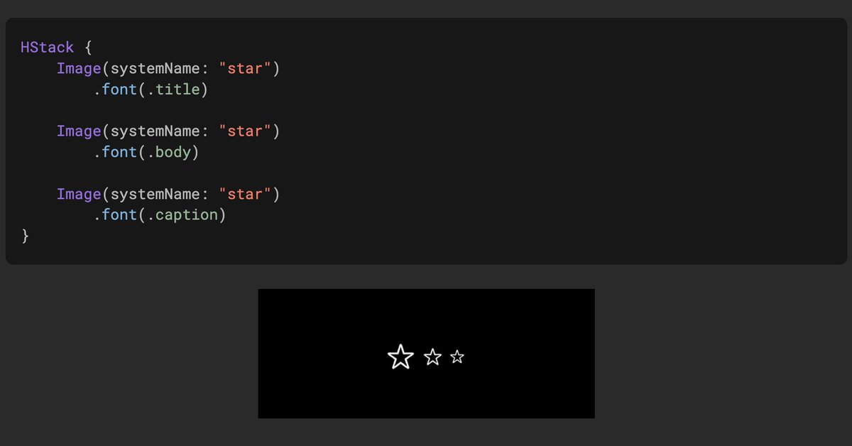 natpanferova's tweet photo. While SF symbols are placed in Image views in SwiftUI, we should treat them more like text. Resize them with the font() modifier instead of resizable() with a frame, and scale them relative to font with scale().

Read more in my post:
https://t.co/Kz5ocovsXb https://t.co/svlzRMOouh