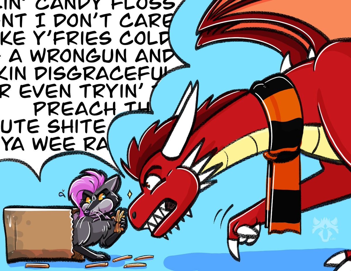 My patron sketch from <a href="/Lou_Raccoon/">Lou_Raccoon</a> . Trash Panda ignoring the wise and friendly advice of a Dragon about it's questionable eating habits. #Coldfriesarewrong
