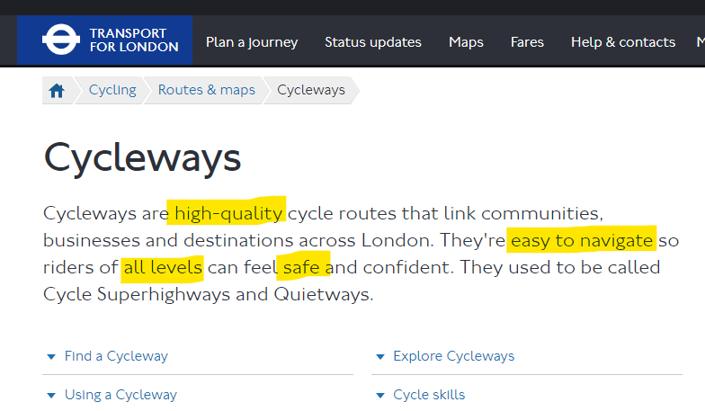 This is how <a href="/TfL/">TfL</a>, <a href="/willnorman/">Will Norman</a> and <a href="/MayorofLondon/">Mayor of London, Sadiq Khan</a> describes Cycleways. The #Cycleway1 route is NOT this. The C1 experiment is surely over. You can tinker with it all you like, but the alignment means it'll ALWAYS be dominated by cars, vans and lorries. We deserve a proper route.