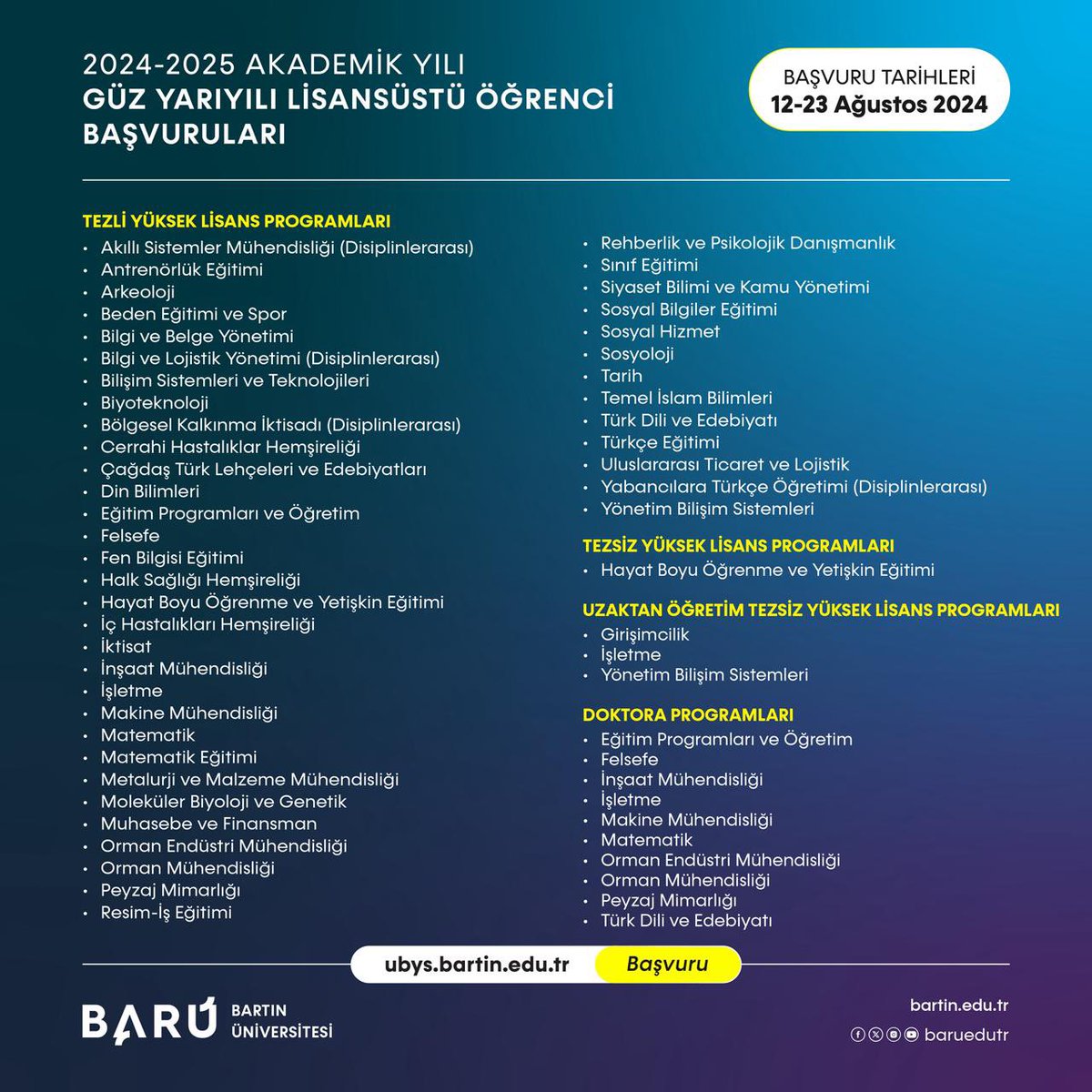 baruedutr's tweet photo. “BARÜ Lisansüstü Öğrenci Başvuruları”

💻 12-23 Ağustos 

🔗 https://t.co/cdU3mmXZhY https://t.co/U3vg5zwDDo