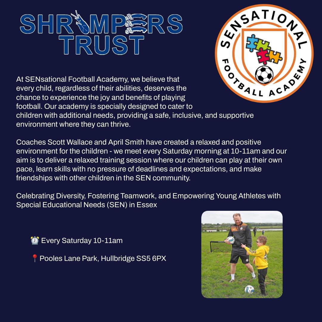 For Saturdays match vs York city we are delighted to welcome our latest social inclusion guests; SENsational football academy. 

An inclusive football academy led by two fantastic Shrimpers; Scott Wallace &amp; April Smith. 

We hope they all enjoy their day in hospitality 💙🦐