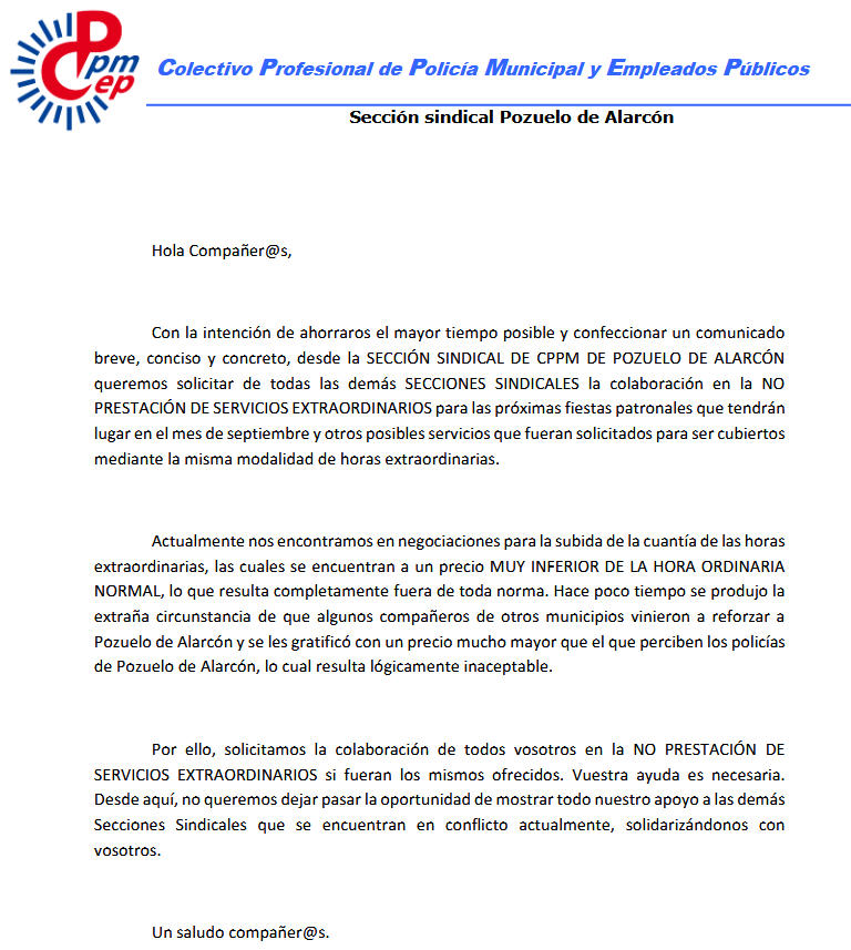CPPM Pozuelo de Alarcón INFORMA: 

Comunicado urgente NO realización servicios extraordinarios en próximas fiestas patronales.
cppm.es/pozuelo-de-ala…