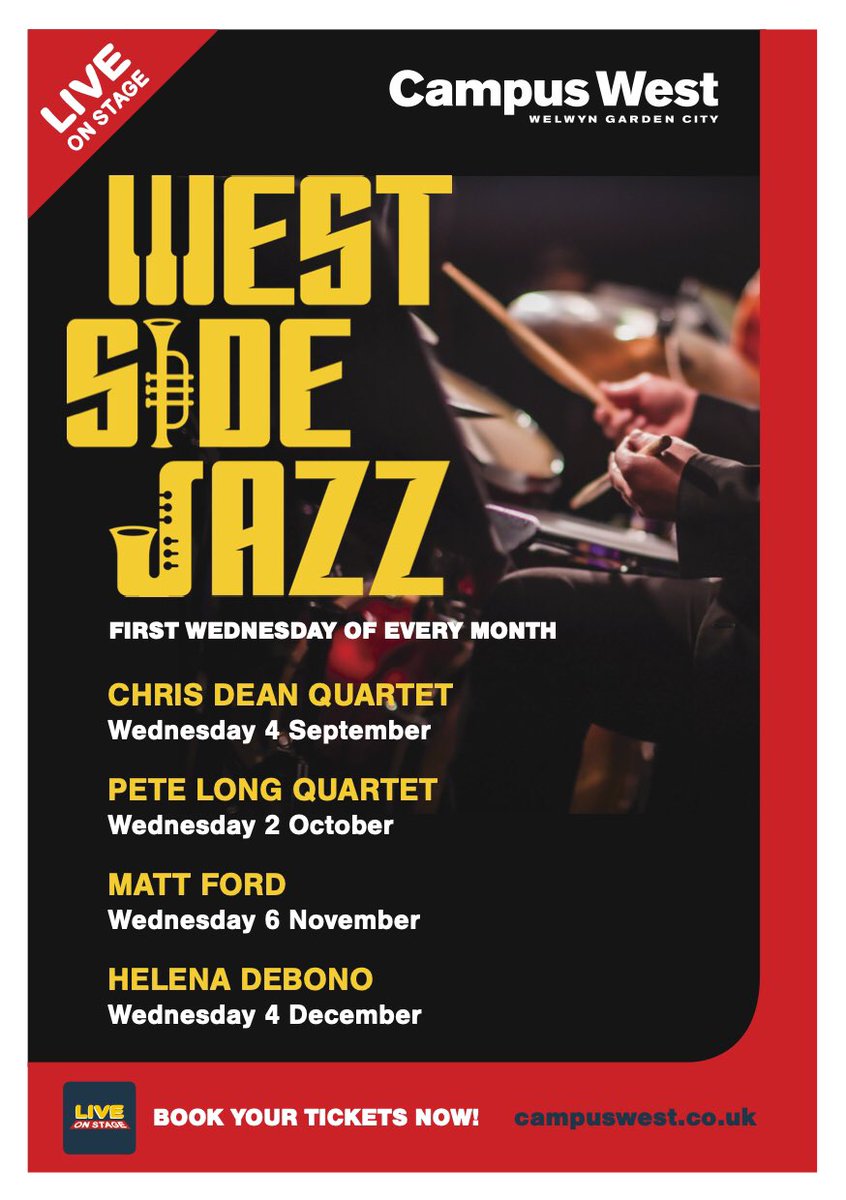 West Side Jazz (@westsidejazzuk) on Twitter photo 🗓 Dates for your diary
First Wednesday of every month!
2024
Sept 4 | Chris Dean Quartet
Oct 2 | Pete Long Quartet
Nov 6 | Matt Ford
Dec 4 | Helena Debono
📍 <a href="/campuswestwgc/">Campus West</a>
🕢 7.30pm start
🎟 £16 + booking fee
Book Tickets
campuswest.co.uk/cw/live-on-sta…
westsidejazz.com 🗓 Dates for your diary
First Wednesday of every month!
2024
Sept 4 | Chris Dean Quartet
Oct 2 | Pete Long Quartet
Nov 6 | Matt Ford
Dec 4 | Helena Debono
📍 <a href="/campuswestwgc/">Campus West</a>
🕢 7.30pm start
🎟 £16 + booking fee
Book Tickets
campuswest.co.uk/cw/live-on-sta…
westsidejazz.com