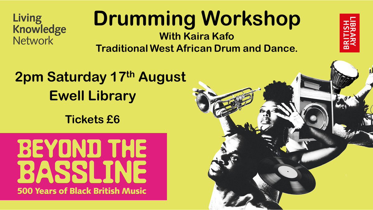 SurreyLibraries's tweet photo. Come and join us Ewell Library on Sat August 17th 2pm for a traditional West African Drumming workshop. Part of our @LKN_Libraries #BeyondtheBassLine exhibition. Suitable for Adults and Children over 5. Spaces are limited so don't miss out, book now! https://t.co/9Otz4RWYVM https://t.co/Oyc5cphV6p